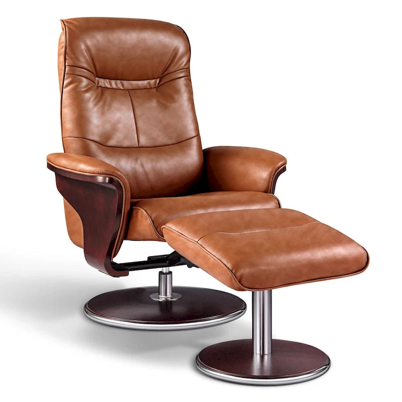 Fauteuil inclinable et pouf pivotants modernes en cuir marron Artiva USA 'Milano'