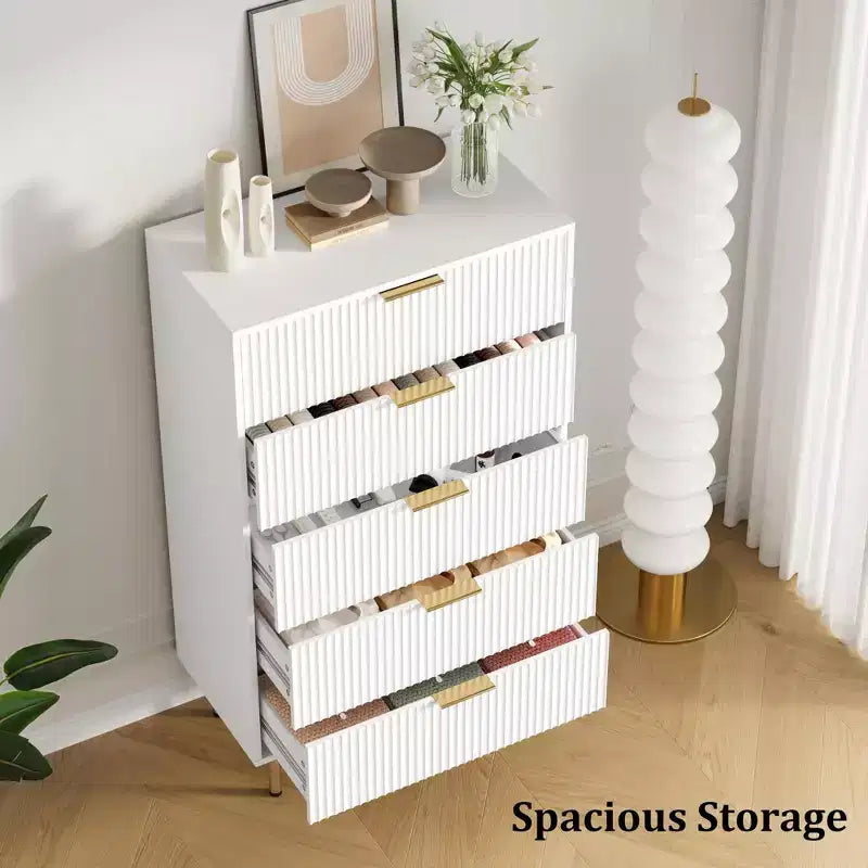 White / Marble & Wood 5-Drawer Dresser ¨C Fluted Panel, for 1 Person Use