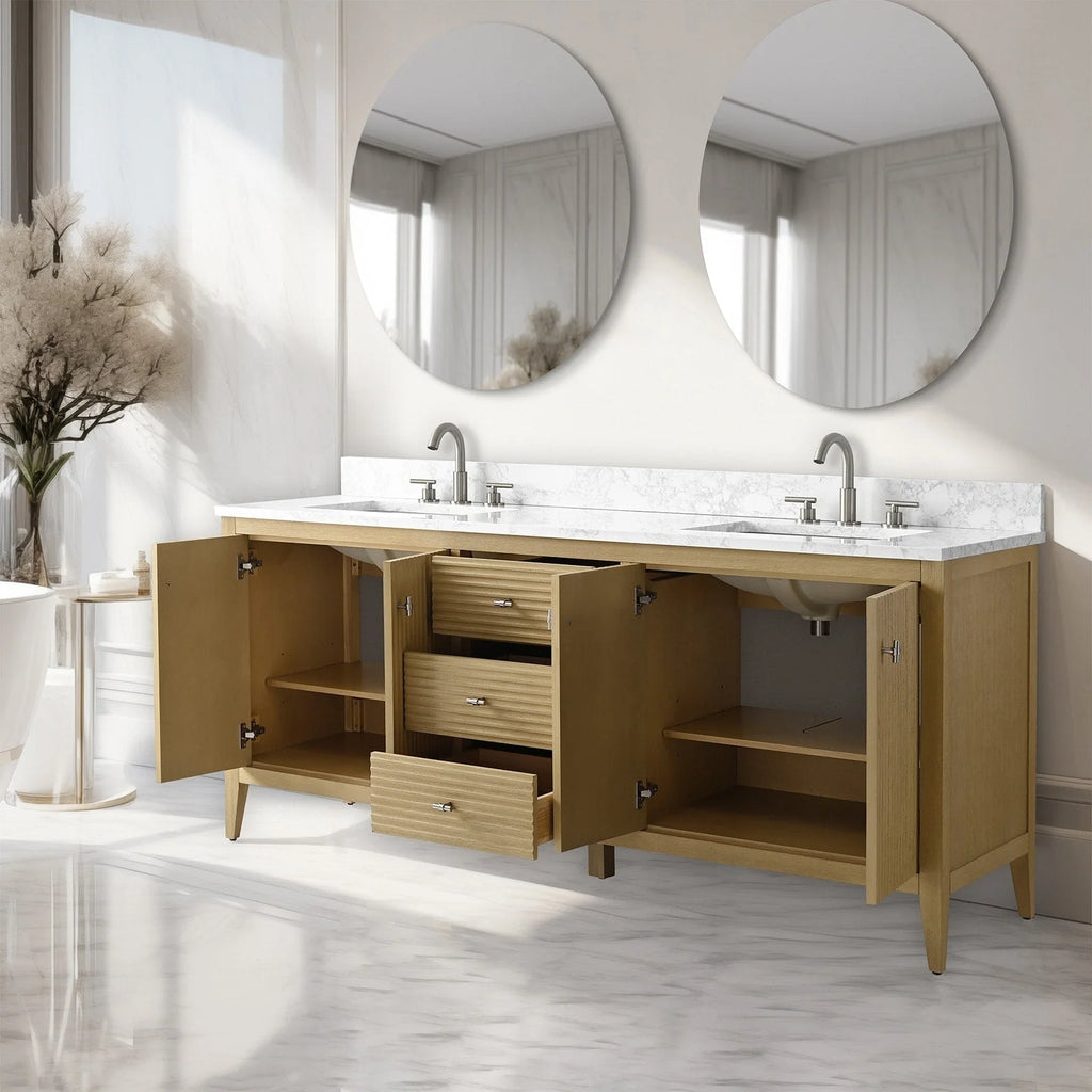 Vanity Art 72 Double Sink Bathroom Vanity Cabinet with Engineered Marble Top