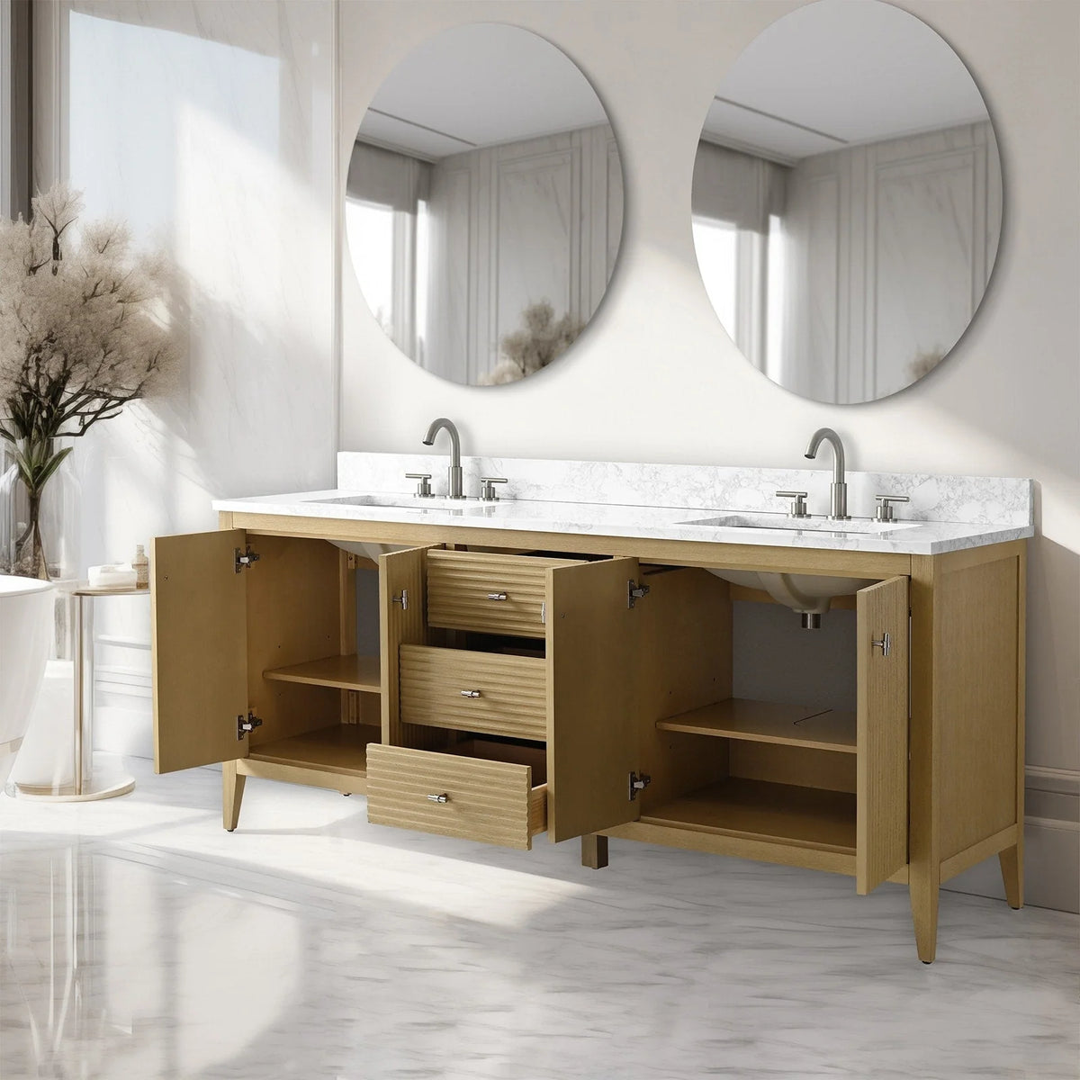 Vanity Art 72 Double Sink Bathroom Vanity Cabinet with Engineered Marble Top