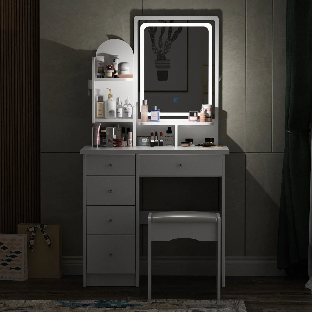 Coiffeuse avec éclairage LED, miroir et tabouret