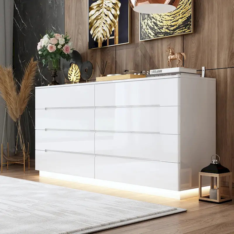 Commode 63 à finition haute brillance avec caisson éclairé à 8 tiroirs et plateau spacieux