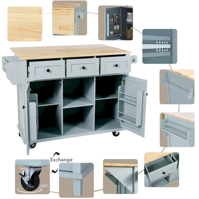 Kitchen Cart With Rubber Wood Drop-Leaf Countertop