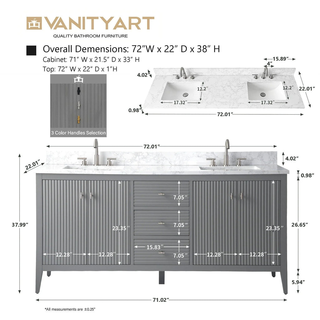 Vanity Art 72 Double Sink Bathroom Vanity Cabinet with Engineered Marble Top