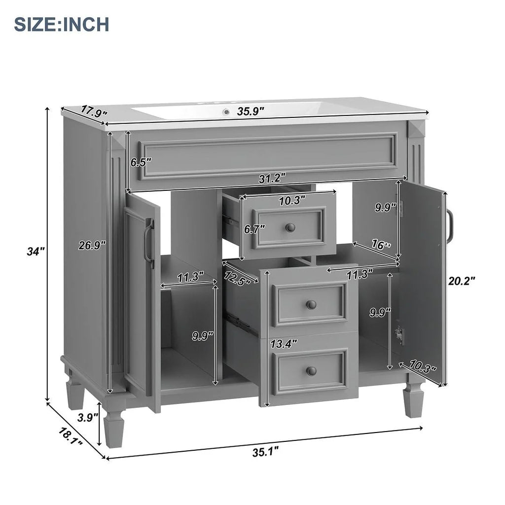 36'' Modern Bathroom Vanity with Top Sink and Mirror Cabinet,2 Doors and 2 Drawers