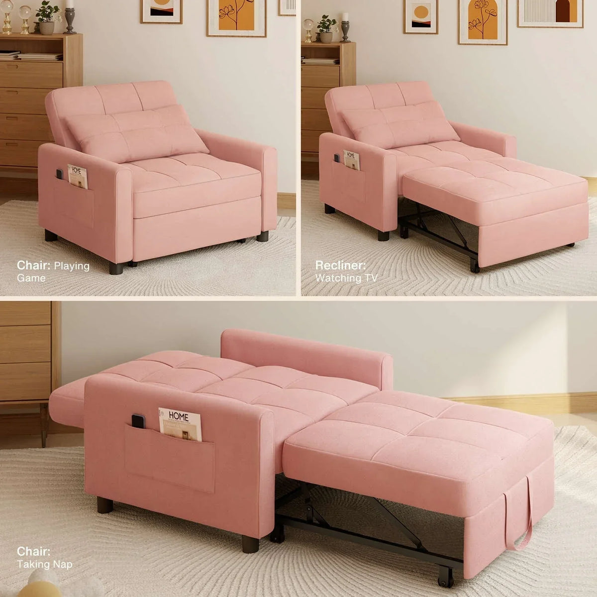 3-in-1 Adjustable Sleeper Sofa Bed, Pull Out Chair Sofa, Convertible Folding Bed for Living Room