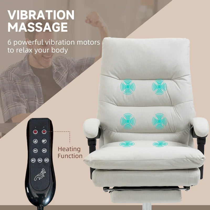 Fauteuil de bureau massant inclinable avec chauffage et vibrations | Microfibre | Blanc crème