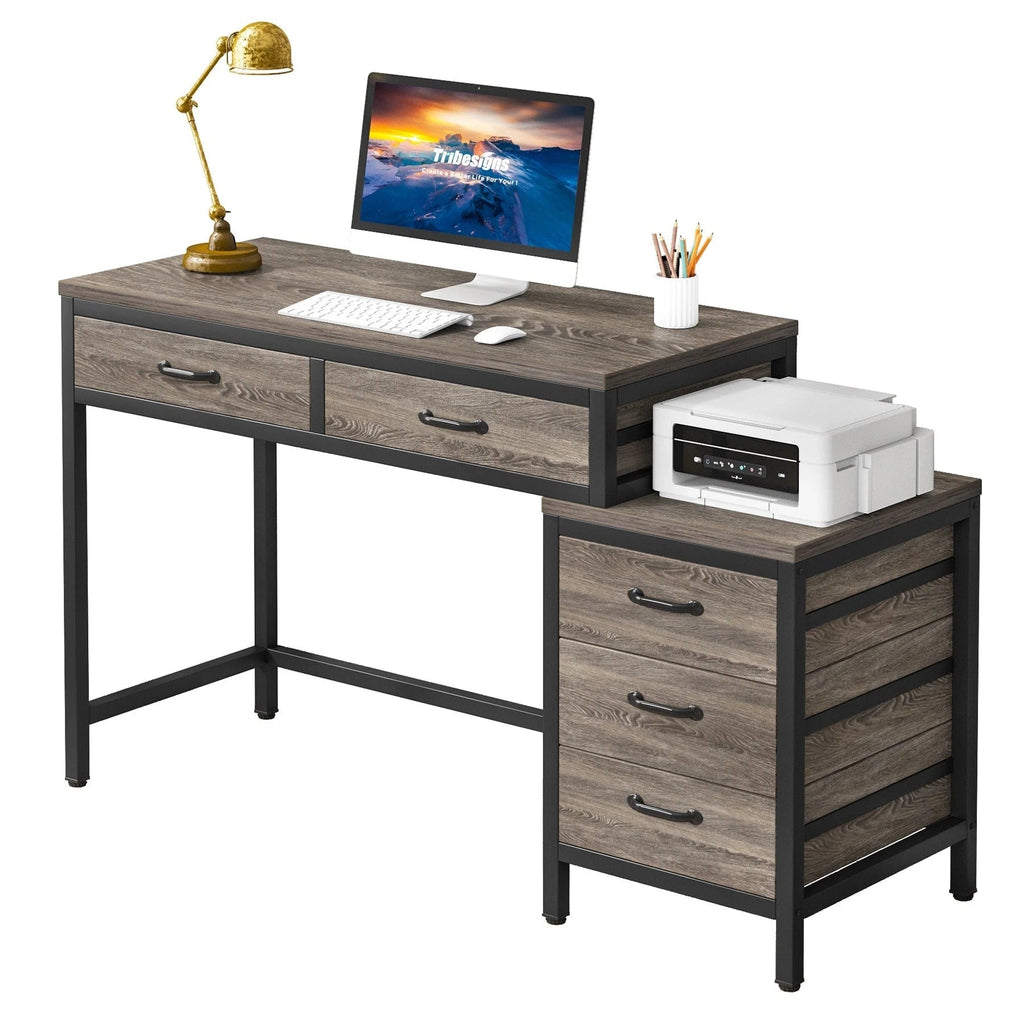 Bureau d'ordinateur réversible avec 5 tiroirs, bureau de travail à domicile avec caisson de rangement pour dossiers et support pour imprimante